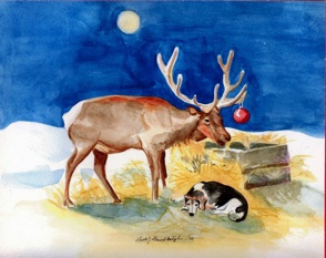 Bonnie, Beagle, Stag, Dog and Deer at Christmas, Manger, Winter in moonlight, Watercolor Painting, Card Illustration